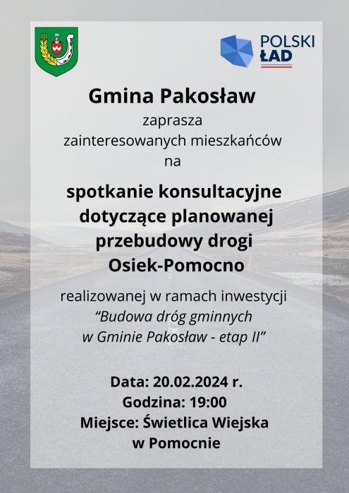 Zaproszenie na spotkanie konsultacyjne dotyczące planowanej przebudowy drogi Osiek-Pomocno