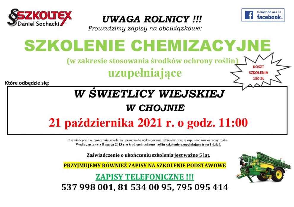 Szkolenie chemizacyjne w zakresie stosowania środków ochrony roślin 