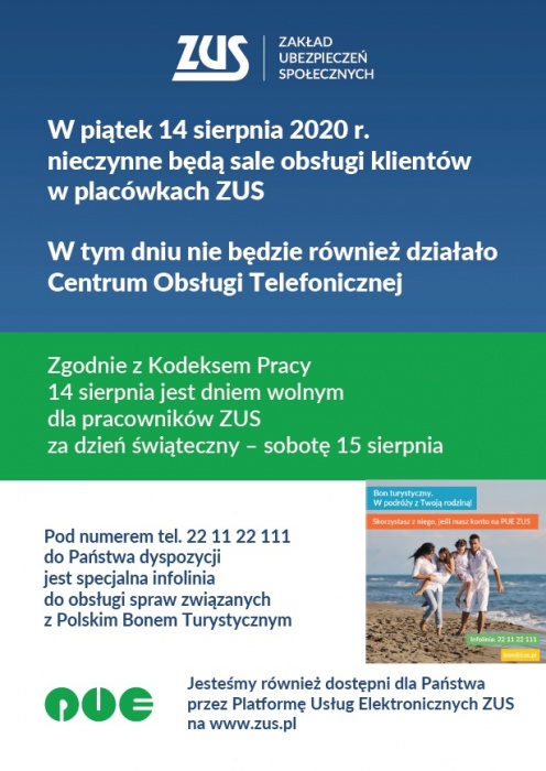 14 sierpnia placówki ZUS będą nieczynne - ZUS informuje o zmianach w organizacji pracy