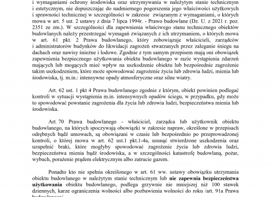 KOMUNIKAT Nr 1/02/2023 - dot. usuwania nadmiaru śniegu z dachów, nawisów lodowych, śnieżnych pojawiających się na elementach budynku.