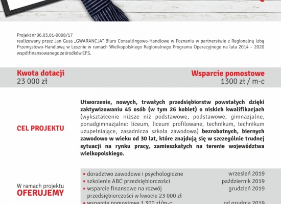 Projekt ZAKŁADAM FIRMĘ Z DOTACJĄ w ramach WRPO 