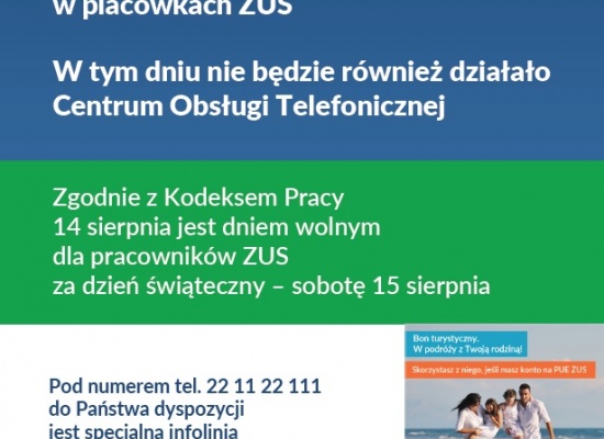 14 sierpnia placówki ZUS będą nieczynne - ZUS informuje o zmianach w organizacji pracy